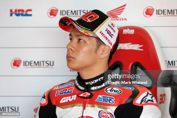 Takaaki Nakagami of Japan and LCR Honda Idemitsu Team prepares for free practice during the MotoGP of Germany at Sachsenring Circuit on July 13, 2018...