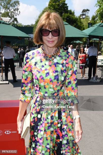 Anna Wintour attends day eleven of the Wimbledon Tennis Championships at the All England Lawn Tennis and Croquet Club on July 13, 2018 in London,...