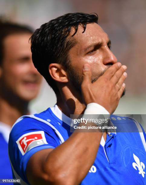 Darmstadt's Aytac Sulu celebrates his 1-0 goal during the German 2. Bundesliga soccer match between Darmstadt 98 and SpVgg Greuther Fuerth in the...