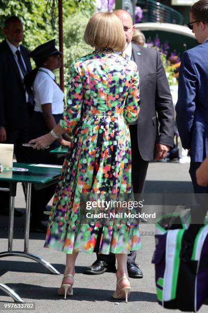 Anna Wintour seen arriving at Wimbledon for Men's Semi Final Day on July 12, 2018 in London, England.