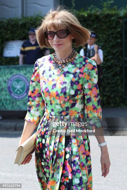 Anna Wintour seen arriving at Wimbledon for Men's Semi Final Day on July 12, 2018 in London, England.