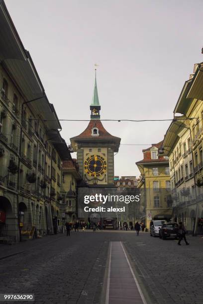 bern switzerland old town kramgasse street - bern clock tower stock pictures, royalty-free photos & images