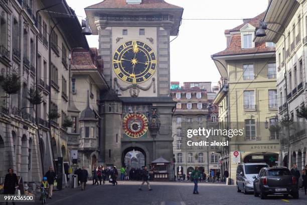 bern switzerland old town kramgasse street - bern clock tower stock pictures, royalty-free photos & images