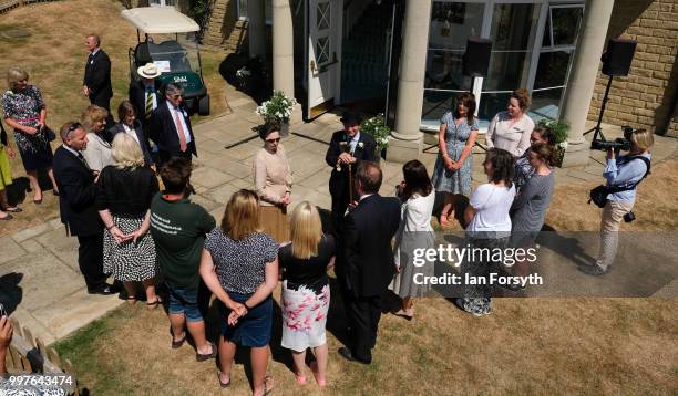 Princess Anne, Princess Royal meets with guests on the President's Lawn during her visit on the second day of the 160th Great Yorkshire Show on July...