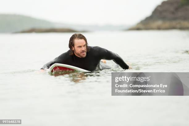 surfer paddling on surfboard in sea - compassionate eye foundation stockfoto's en -beelden