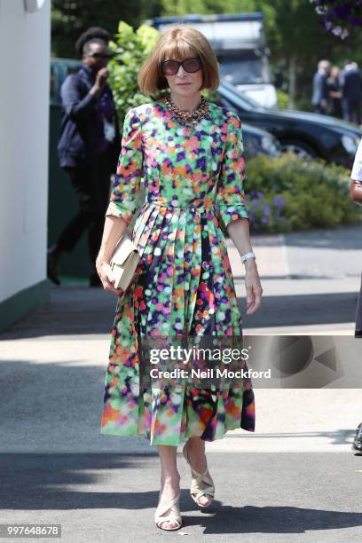 Anna Wintour seen arriving at Wimbledon for Men's Semi Final Day on July 12, 2018 in London, England.