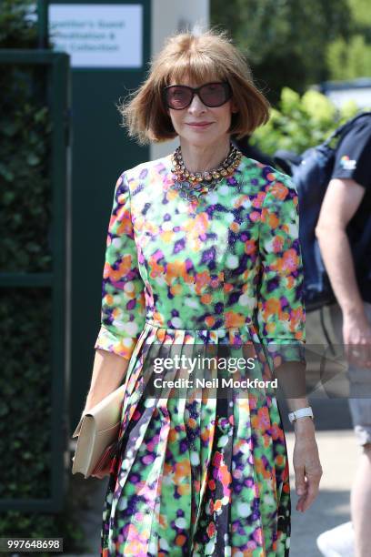 Anna Wintour seen arriving at Wimbledon for Men's Semi Final Day on July 12, 2018 in London, England.
