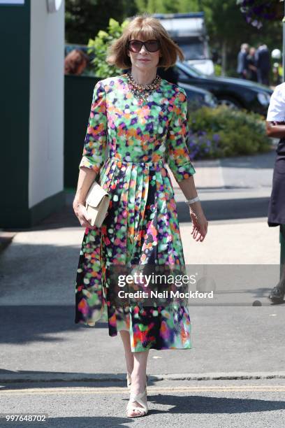 Anna Wintour seen arriving at Wimbledon for Men's Semi Final Day on July 12, 2018 in London, England.