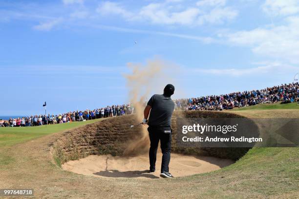 Patrick Reed of USA takes his fourth shot on hole twelve during day two of the Aberdeen Standard Investments Scottish Open at Gullane Golf Course on...