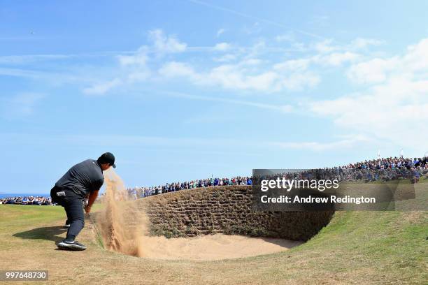 Patrick Reed of USA takes his third shot on hole twelve during day two of the Aberdeen Standard Investments Scottish Open at Gullane Golf Course on...