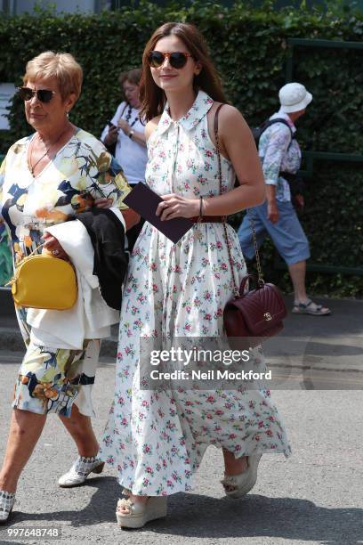 Jenna Coleman seen arriving at Wimbledon for Men's Semi Final Day on July 12, 2018 in London, England.