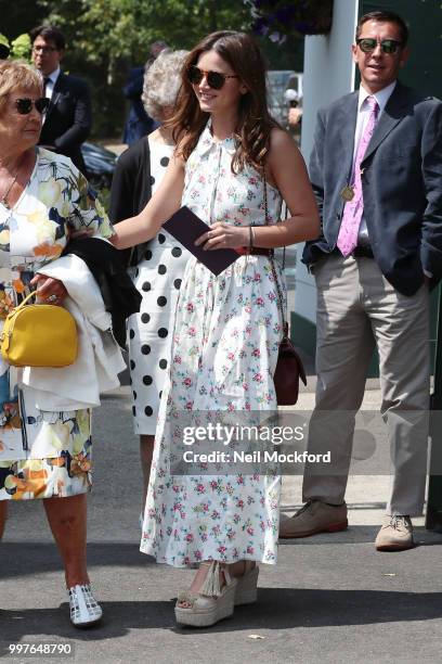 Jenna Coleman seen arriving at Wimbledon for Men's Semi Final Day on July 12, 2018 in London, England.