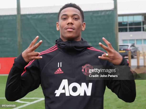 Anthony Martial of Manchester United in action during a first team training session at Aon Training Complex on July 13, 2018 in Manchester, England.