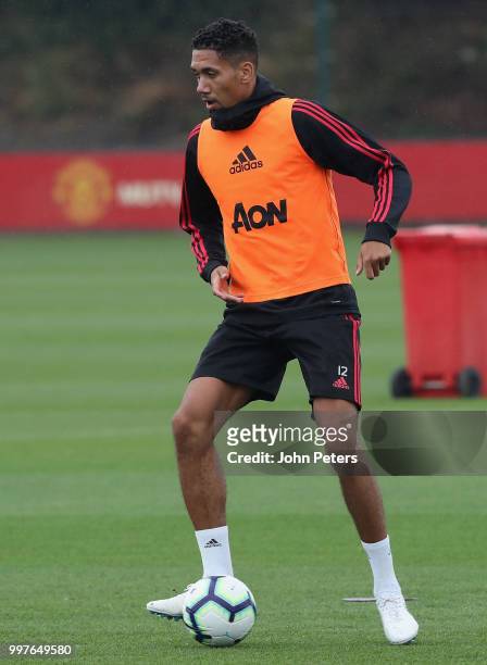 Chris Smalling of Manchester United in action during a first team training session at Aon Training Complex on July 13, 2018 in Manchester, England.
