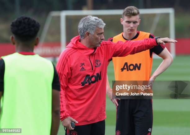 Manager Jose Mourinho of Manchester United in action during a first team training session at Aon Training Complex on July 13, 2018 in Manchester,...