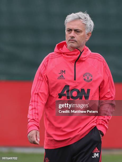 Manager Jose Mourinho of Manchester United in action during a first team training session at Aon Training Complex on July 13, 2018 in Manchester,...