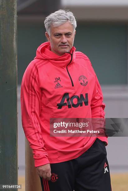 Manager Jose Mourinho of Manchester United in action during a first team training session at Aon Training Complex on July 13, 2018 in Manchester,...