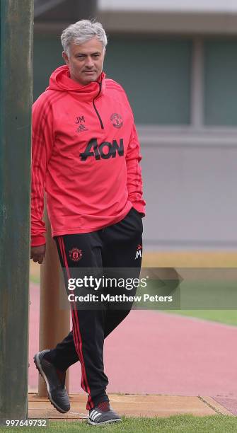 Manager Jose Mourinho of Manchester United in action during a first team training session at Aon Training Complex on July 13, 2018 in Manchester,...