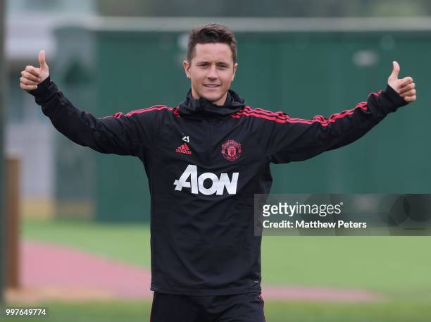 Ander Herrera of Manchester United in action during a first team training session at Aon Training Complex on July 13, 2018 in Manchester, England.