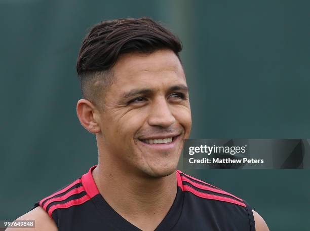 Alexis Sanchez of Manchester United in action during a first team training session at Aon Training Complex on July 13, 2018 in Manchester, England.