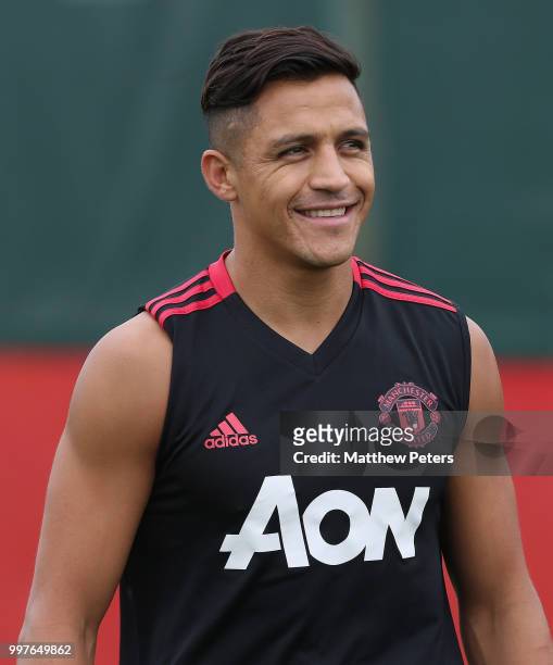 Alexis Sanchez of Manchester United in action during a first team training session at Aon Training Complex on July 13, 2018 in Manchester, England.