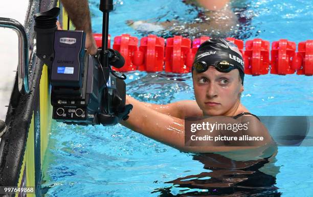 S Katie Ledecky checks the scoreboard after the women's 800 metre freestyle event at the FINA World Championships 2017 in Budapest, Hungary, 29 July...