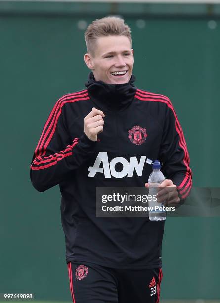 Scott McTominay of Manchester United in action during a first team training session at Aon Training Complex on July 13, 2018 in Manchester, England.