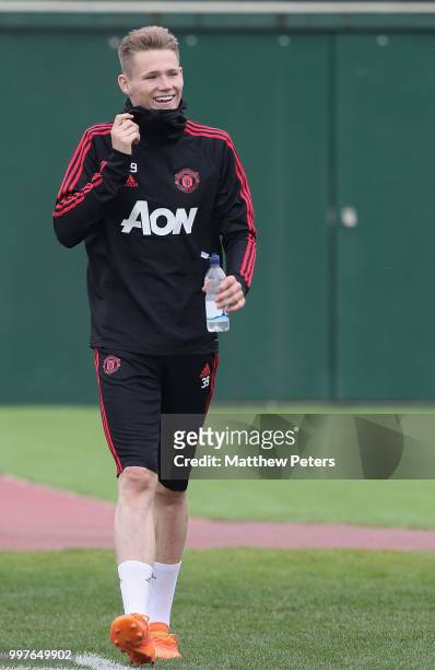 Scott McTominay of Manchester United in action during a first team training session at Aon Training Complex on July 13, 2018 in Manchester, England.