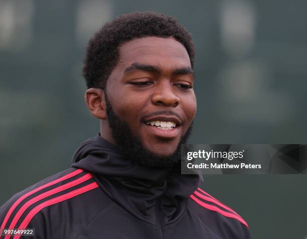 Ro-Shaun Williams of Manchester United in action during a first team training session at Aon Training Complex on July 13, 2018 in Manchester, England.