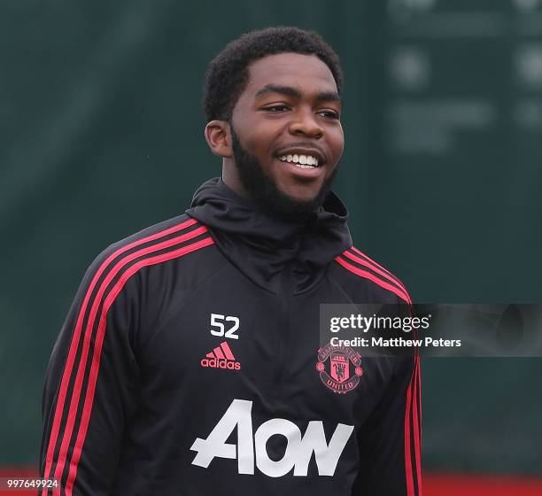 Ro-Shaun Williams of Manchester United in action during a first team training session at Aon Training Complex on July 13, 2018 in Manchester, England.