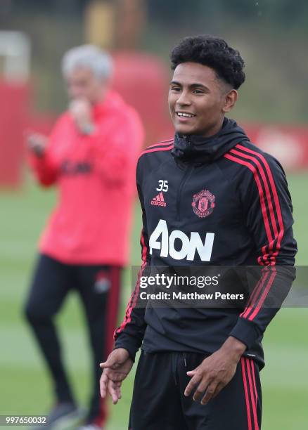 Demetri Mitchell of Manchester United in action during a first team training session at Aon Training Complex on July 13, 2018 in Manchester, England.