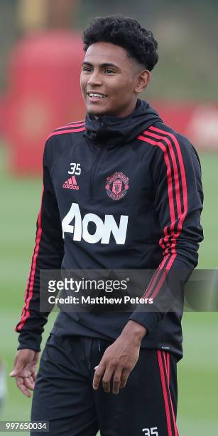 Demetri Mitchell of Manchester United in action during a first team training session at Aon Training Complex on July 13, 2018 in Manchester, England.