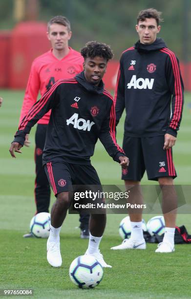 Angel Gomes of Manchester United in action during a first team training session at Aon Training Complex on July 13, 2018 in Manchester, England.