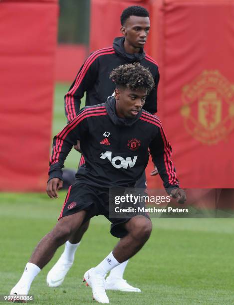 Angel Gomes of Manchester United in action during a first team training session at Aon Training Complex on July 13, 2018 in Manchester, England.