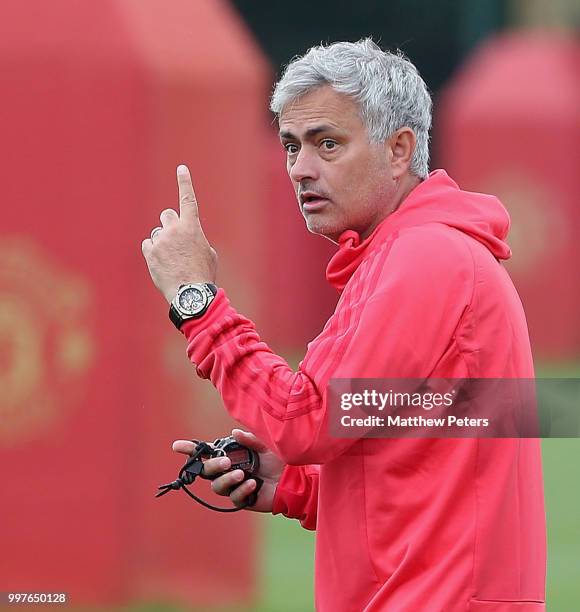 Manager Jose Mourinho of Manchester United in action during a first team training session at Aon Training Complex on July 13, 2018 in Manchester,...