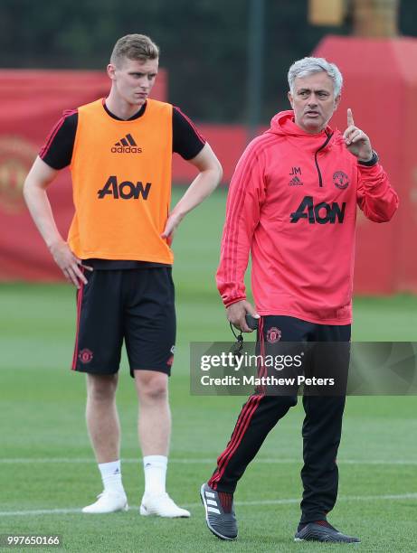 Manager Jose Mourinho of Manchester United in action during a first team training session at Aon Training Complex on July 13, 2018 in Manchester,...