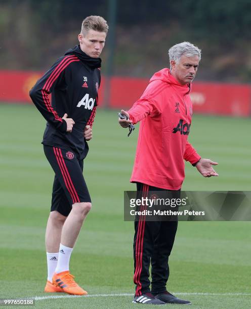 Manager Jose Mourinho of Manchester United in action during a first team training session at Aon Training Complex on July 13, 2018 in Manchester,...