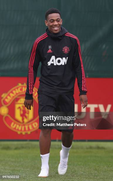 Anthony Martial of Manchester United in action during a first team training session at Aon Training Complex on July 13, 2018 in Manchester, England.