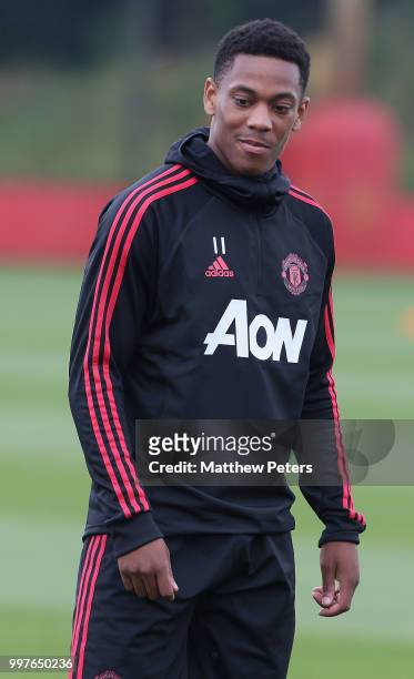 Anthony Martial of Manchester United in action during a first team training session at Aon Training Complex on July 13, 2018 in Manchester, England.