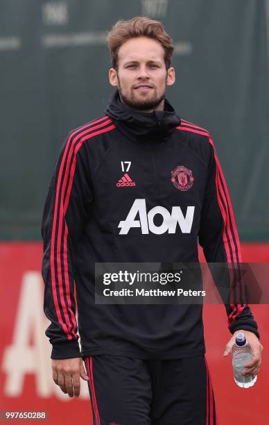 Daley Blind of Manchester United in action during a first team training session at Aon Training Complex on July 13, 2018 in Manchester, England.