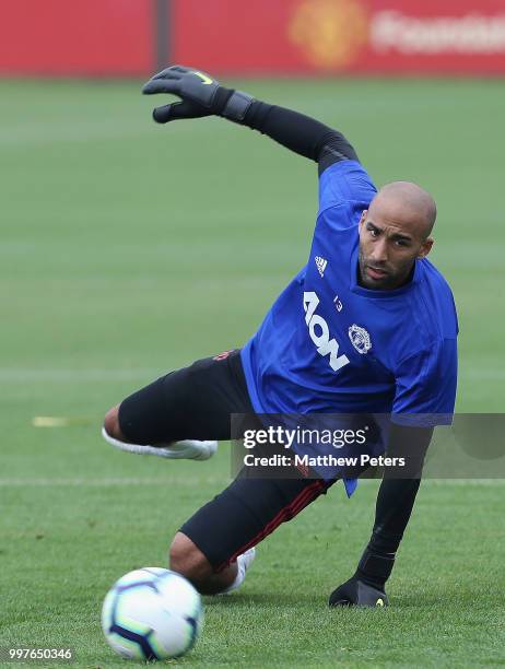 Lee Grant of Manchester United in action during a first team training session at Aon Training Complex on July 13, 2018 in Manchester, England.