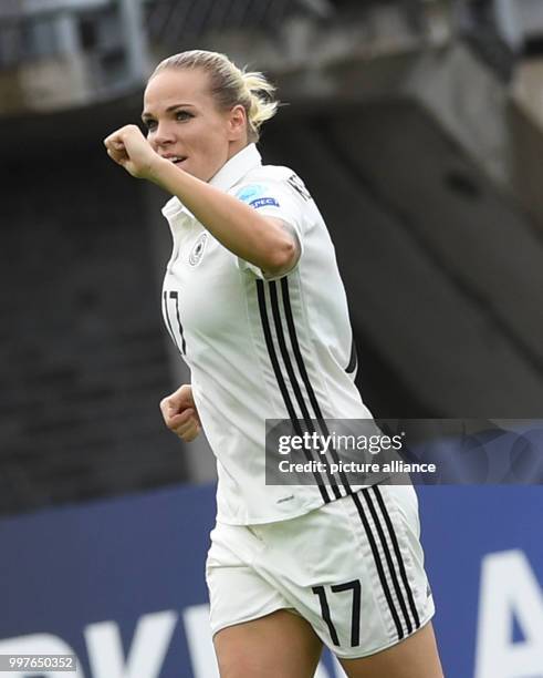 Germany's Isabel Kerschowski celebrates the 1:0 goal during the UEFA Women's EURO quarterfinals soccer match between Germany and Denmark at the...