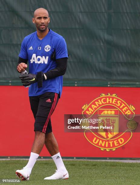 Lee Grant of Manchester United in action during a first team training session at Aon Training Complex on July 13, 2018 in Manchester, England.