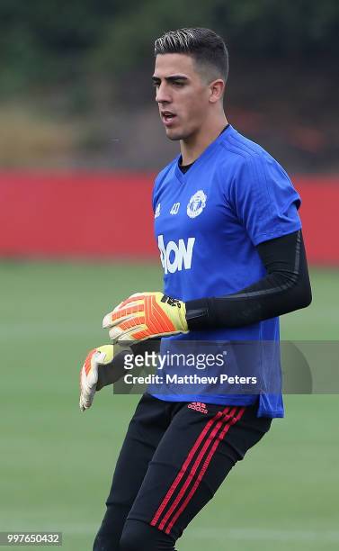 Joel Pereira of Manchester United in action during a first team training session at Aon Training Complex on July 13, 2018 in Manchester, England.
