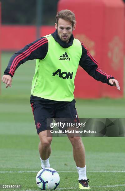 Daley Blind of Manchester United in action during a first team training session at Aon Training Complex on July 13, 2018 in Manchester, England.