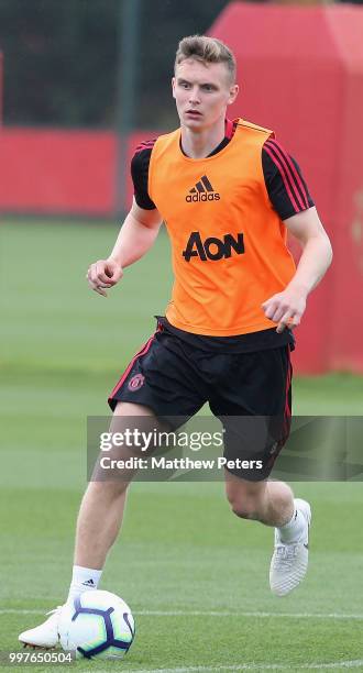 Ethan Hamilton of Manchester United in action during a first team training session at Aon Training Complex on July 13, 2018 in Manchester, England.