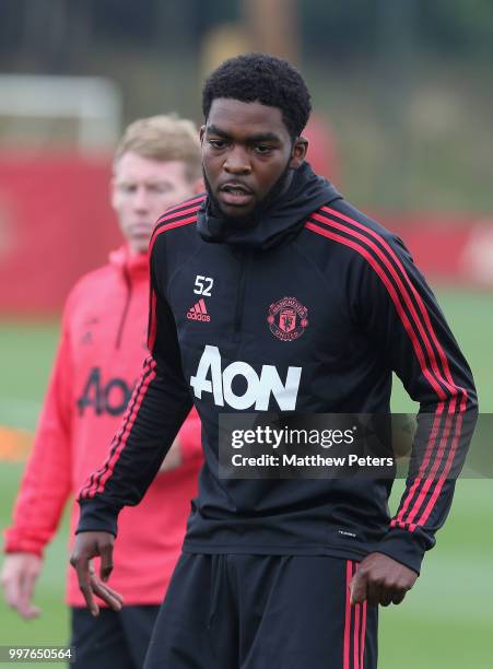Ro-Shaun Williams of Manchester United in action during a first team training session at Aon Training Complex on July 13, 2018 in Manchester, England.