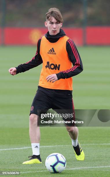 James Garner of Manchester United in action during a first team training session at Aon Training Complex on July 13, 2018 in Manchester, England.