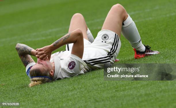 Germany's Anja Mittag reacts after the UEFA Women's EURO quarterfinals soccer match between Germany and Denmark at the Sparta Stadium in Rotterdam,...