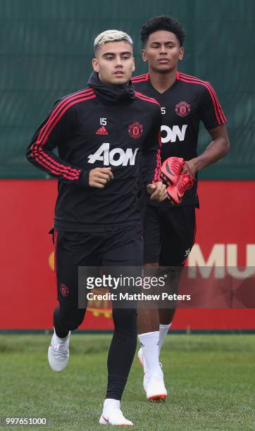 Andreas Pereira of Manchester United in action during a first team training session at Aon Training Complex on July 13, 2018 in Manchester, England.